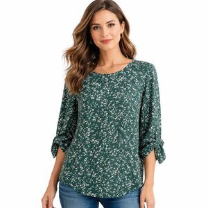 41 Hawthorn Tunic Blouse Womens 2X Green Floral Tie Sleeve Scoop Neck Top